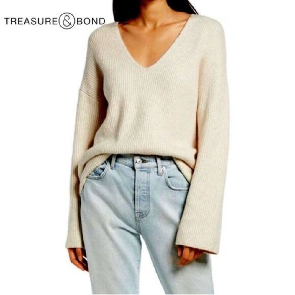 TREASURE & BOND Women's V-Neck Ribbed Stitch Sweater Pullover